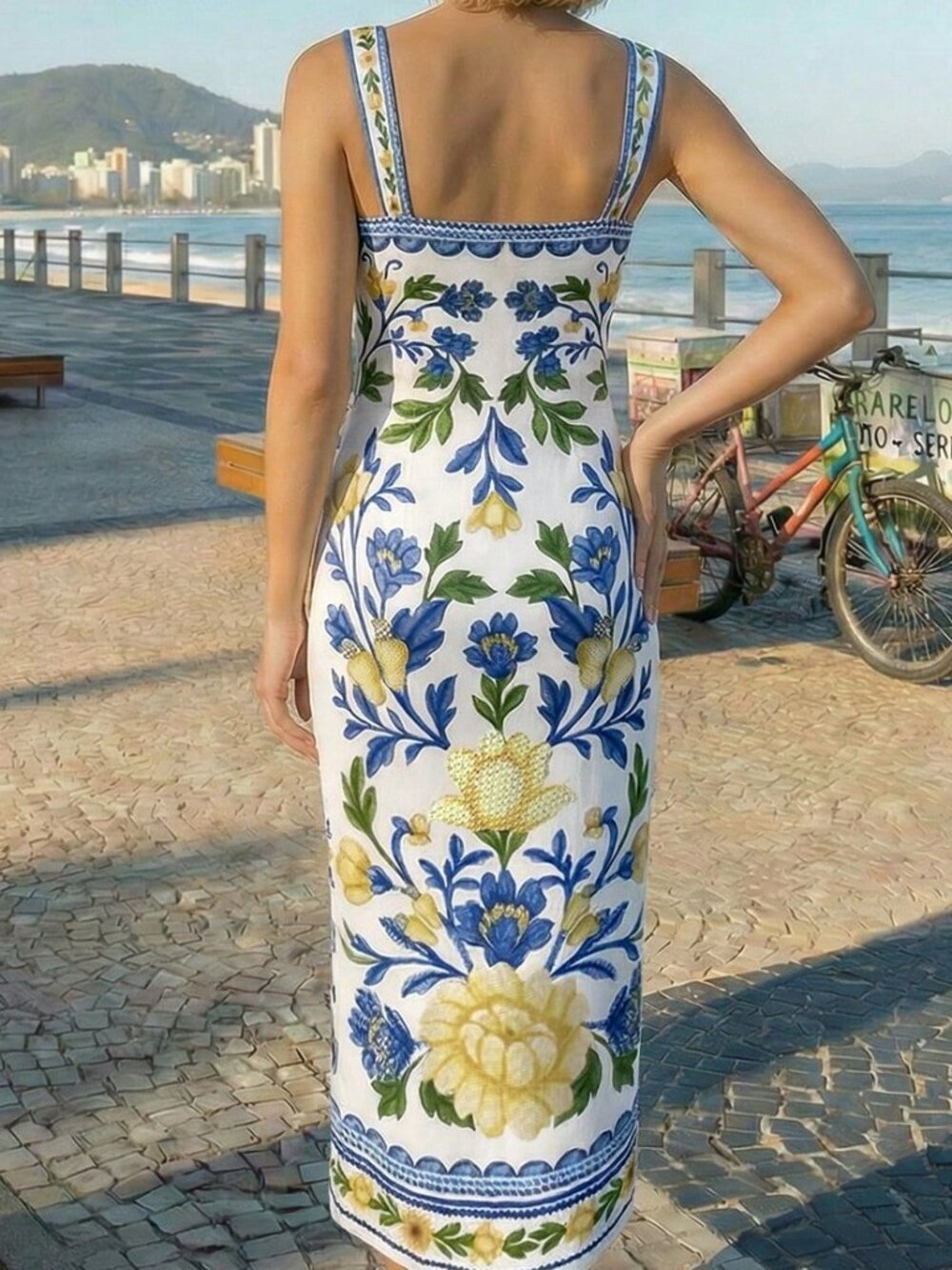 Blue Boho Women's Floral Print Elegant Fitted Spaghetti Strap Vacation Dress - Picture 2 of 5